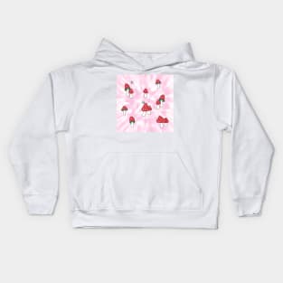 Aesthetic Red Hatted Mushrooms and Butterflies on a Pink Pastel Tie Dye Background Kids Hoodie